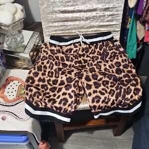 Brown and Black Athletic Shorts with Leopard Print